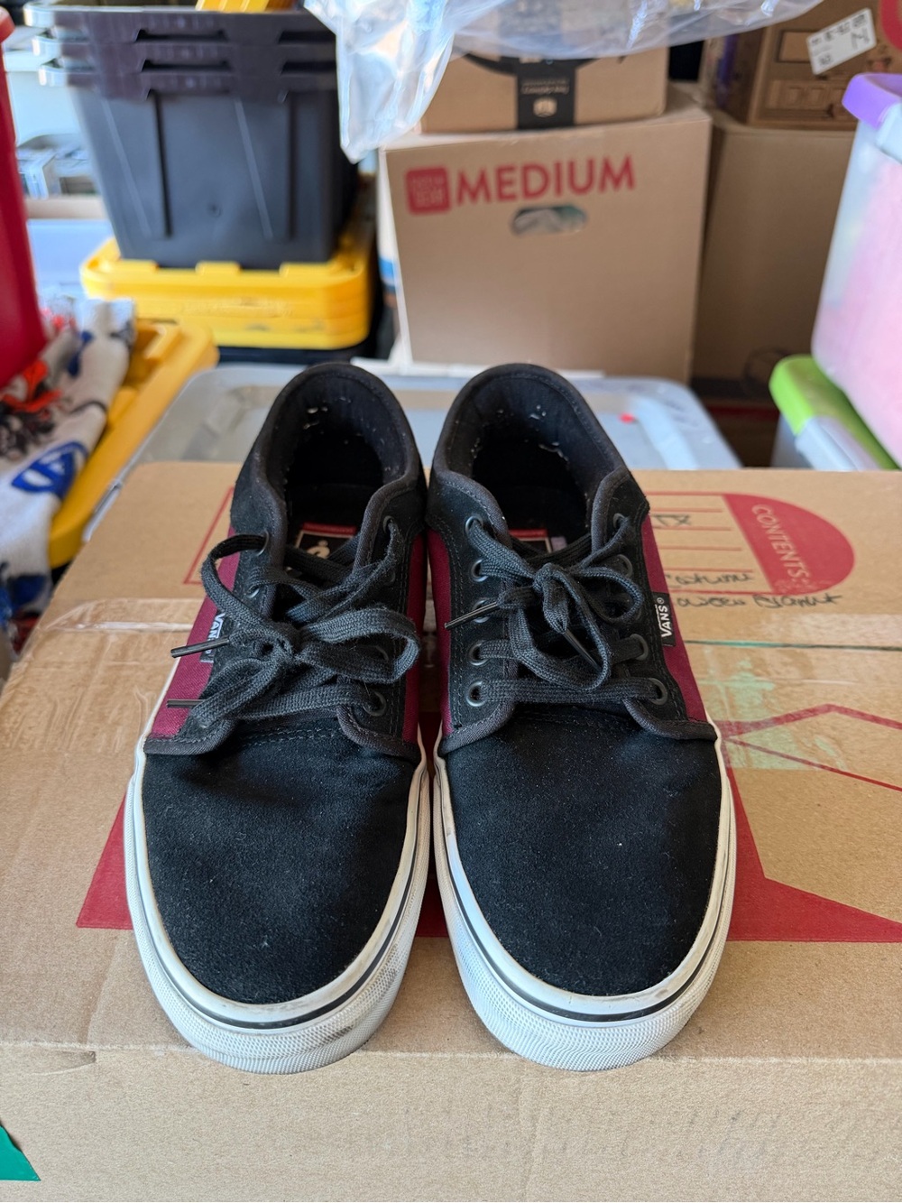 Vans Men’s Black and Burgundy Canvas Low-Top Sneakers